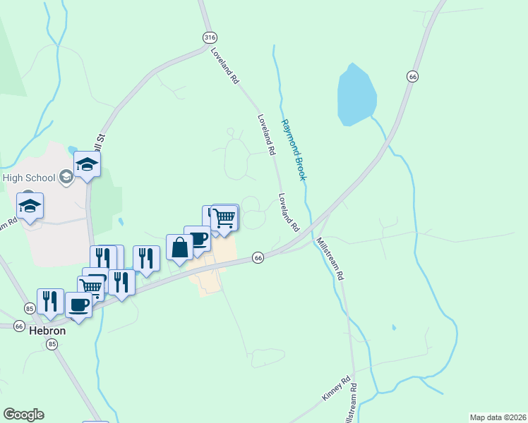 map of restaurants, bars, coffee shops, grocery stores, and more near 58 Barber's Way in Hebron