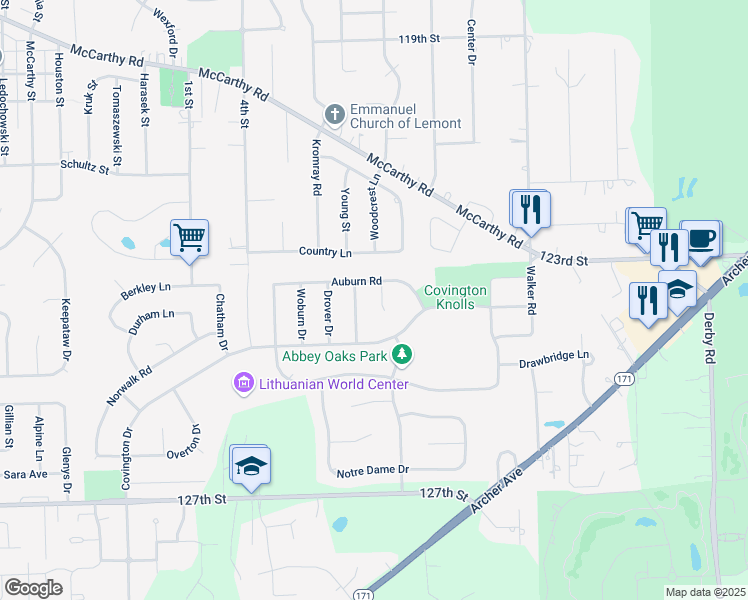 map of restaurants, bars, coffee shops, grocery stores, and more near 1211 Auburn Road in Lemont