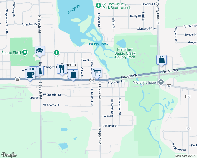 map of restaurants, bars, coffee shops, grocery stores, and more near 258 North Chestnut Street in Osceola