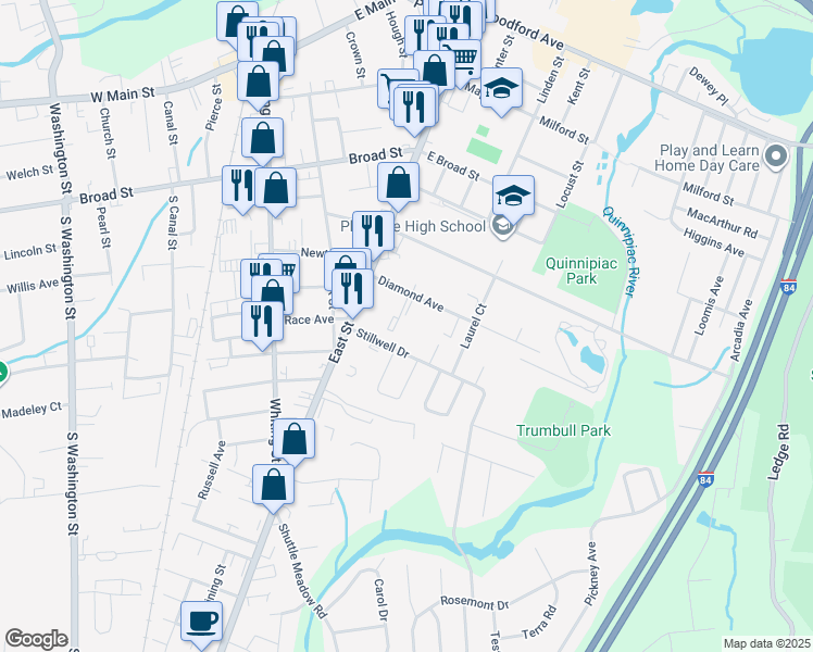 map of restaurants, bars, coffee shops, grocery stores, and more near 184 East Street in Plainville
