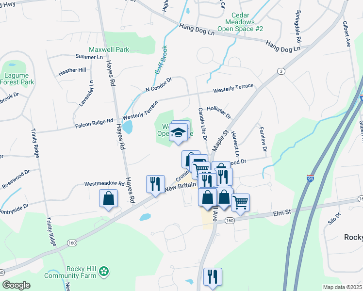 map of restaurants, bars, coffee shops, grocery stores, and more near 95 Cronin Drive in Rocky Hill