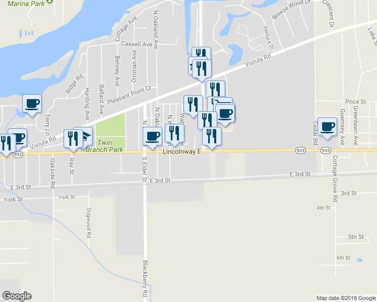 map of restaurants, bars, coffee shops, grocery stores, and more near 4416 Lincolnway East in Mishawaka