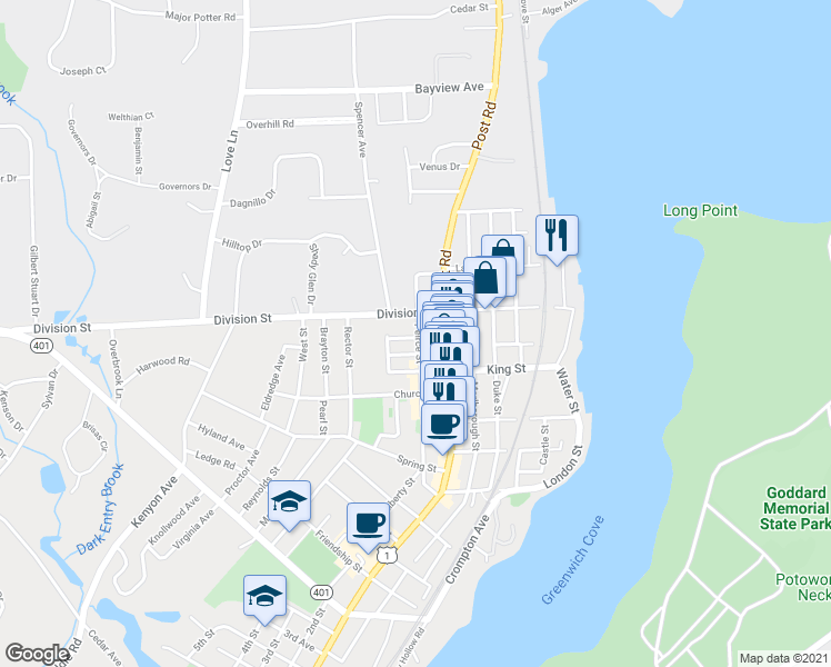 map of restaurants, bars, coffee shops, grocery stores, and more near 21 Peirce Street in East Greenwich