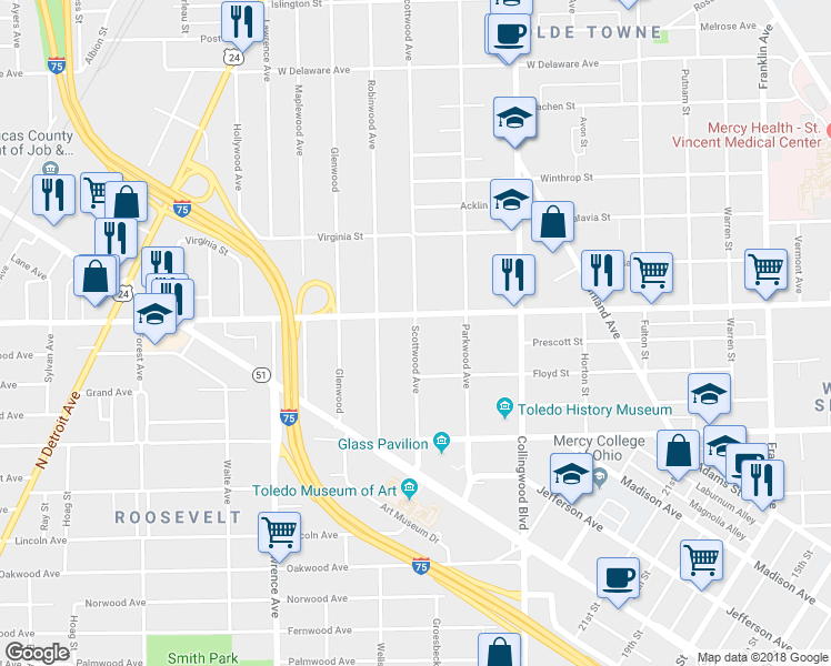 map of restaurants, bars, coffee shops, grocery stores, and more near 2144 Scottwood Avenue in Toledo