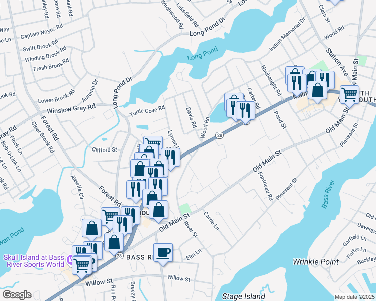 map of restaurants, bars, coffee shops, grocery stores, and more near 1146 Massachusetts 28 in Yarmouth