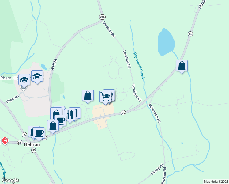 map of restaurants, bars, coffee shops, grocery stores, and more near 26 Gilbert Lane in Hebron