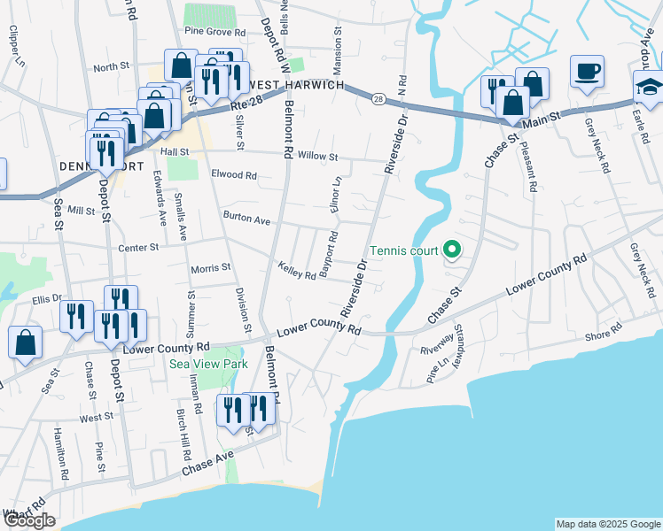 map of restaurants, bars, coffee shops, grocery stores, and more near 13 Trumet Road in Harwich