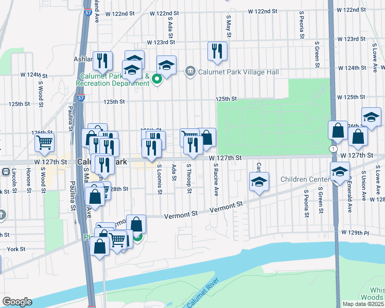 map of restaurants, bars, coffee shops, grocery stores, and more near 12622 South Elizabeth Street in Calumet Park