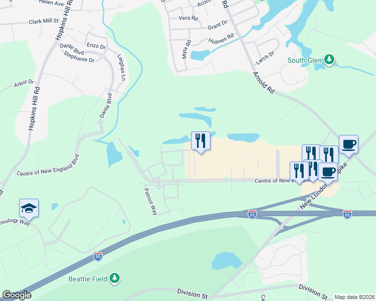 map of restaurants, bars, coffee shops, grocery stores, and more near 2701 Village Green Circle in Coventry