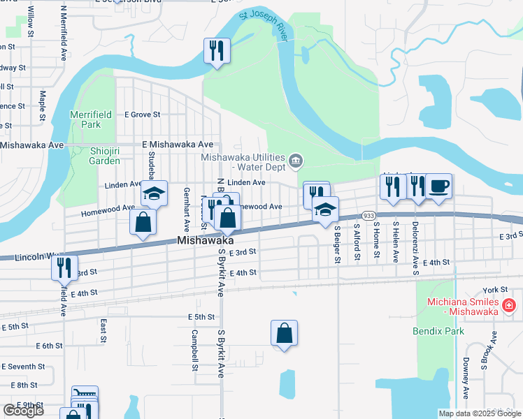 map of restaurants, bars, coffee shops, grocery stores, and more near 299 North Victoria Street in Mishawaka