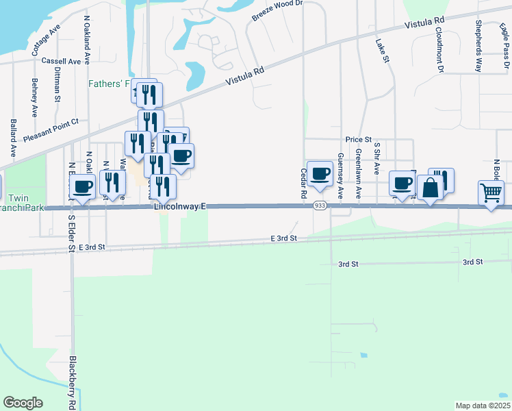 map of restaurants, bars, coffee shops, grocery stores, and more near 5048 Lincolnway East in Mishawaka