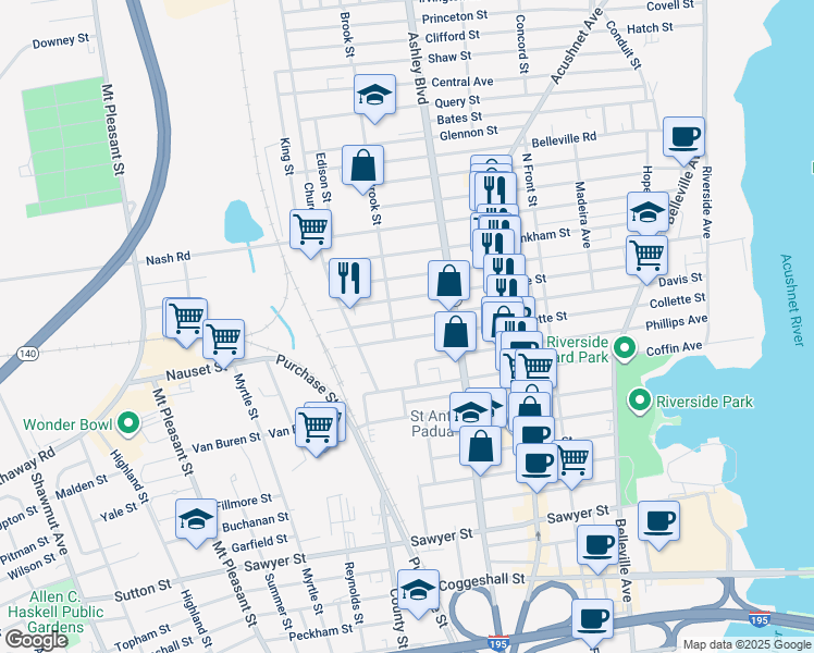 map of restaurants, bars, coffee shops, grocery stores, and more near 306 Earle Street in New Bedford