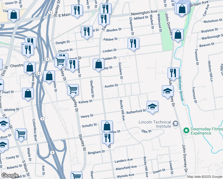 map of restaurants, bars, coffee shops, grocery stores, and more near 46 Austin Street in New Britain
