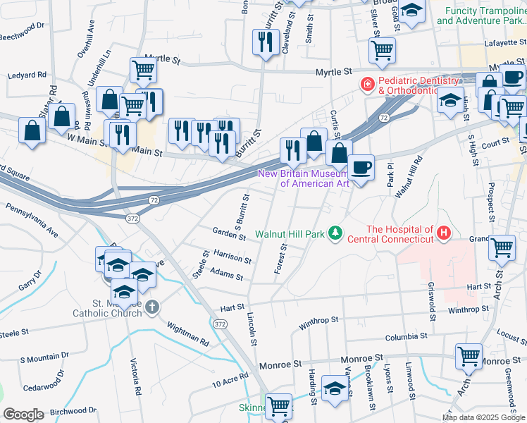 map of restaurants, bars, coffee shops, grocery stores, and more near 20 Black Rock Avenue in New Britain