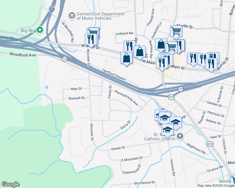 map of restaurants, bars, coffee shops, grocery stores, and more near 500 Black Rock Avenue in New Britain