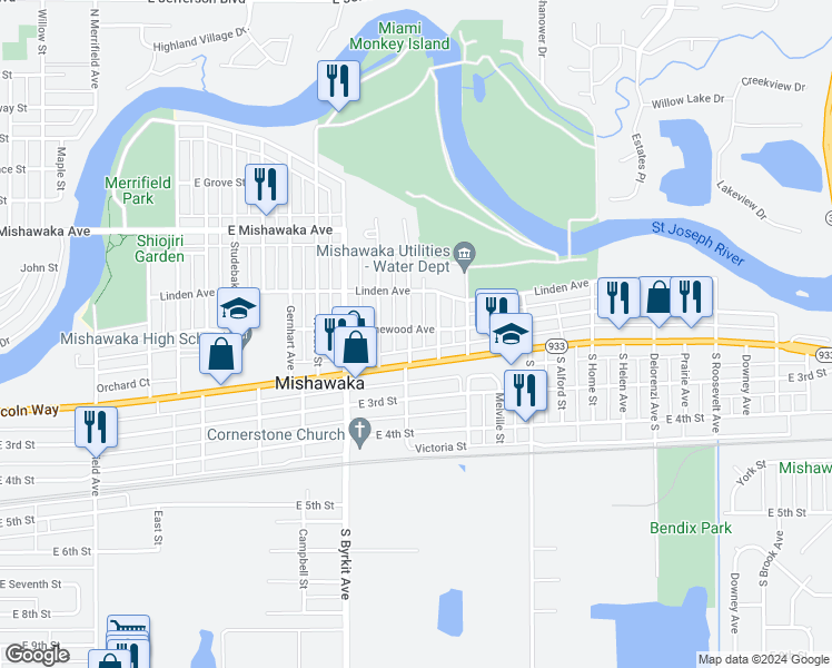 map of restaurants, bars, coffee shops, grocery stores, and more near 216 North Victoria Street in Mishawaka