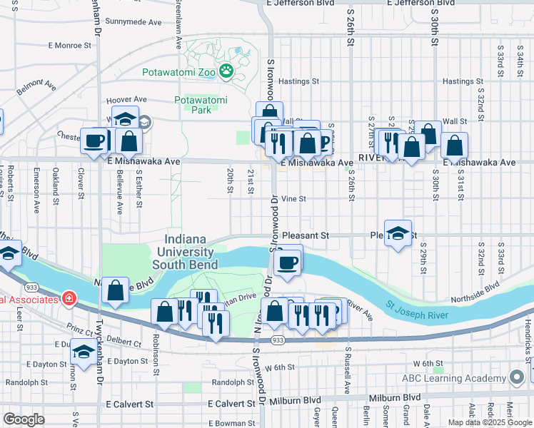 map of restaurants, bars, coffee shops, grocery stores, and more near 1001 South Ironwood Drive in South Bend