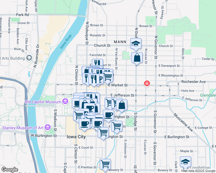 map of restaurants, bars, coffee shops, grocery stores, and more near 210 North Gilbert Street in Iowa City