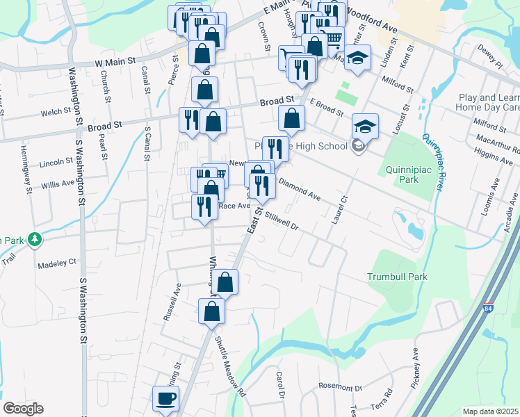 map of restaurants, bars, coffee shops, grocery stores, and more near 184 East St in Plainville