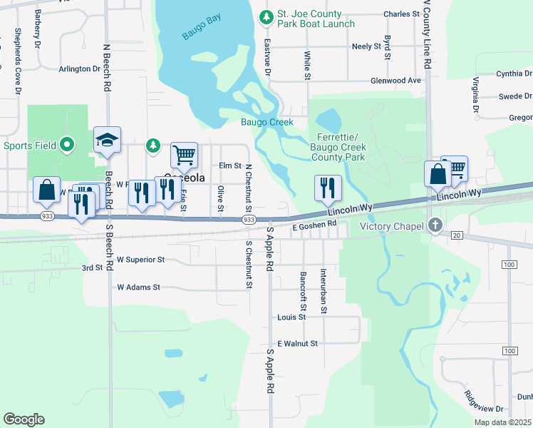 map of restaurants, bars, coffee shops, grocery stores, and more near 100-258 North Chestnut Street in Osceola