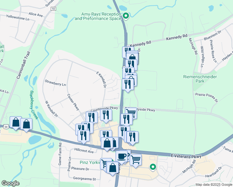 map of restaurants, bars, coffee shops, grocery stores, and more near 307 Mulhern Court in Yorkville