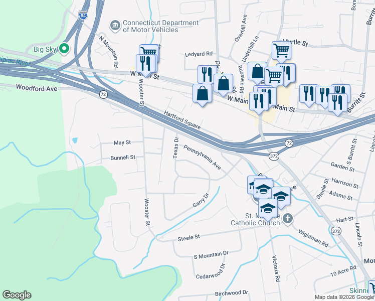 map of restaurants, bars, coffee shops, grocery stores, and more near 500 Black Rock Avenue in New Britain