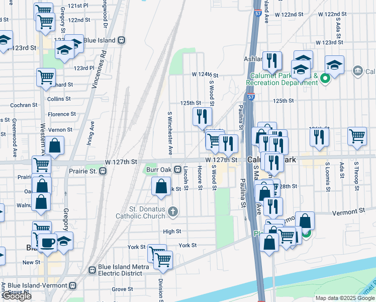 map of restaurants, bars, coffee shops, grocery stores, and more near 12635 Lincoln Street in Calumet Park
