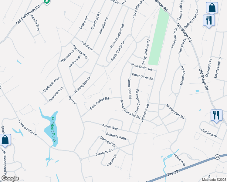 map of restaurants, bars, coffee shops, grocery stores, and more near 24 Micah Hamlin Road in Barnstable