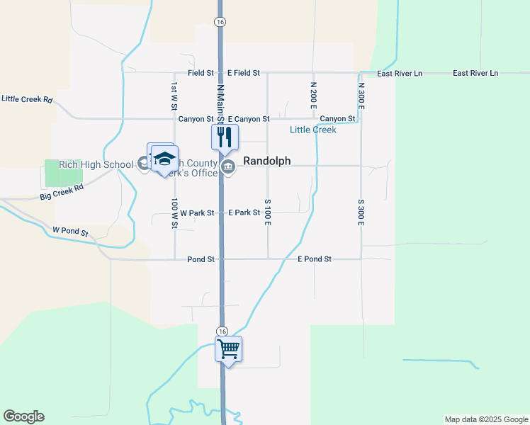 map of restaurants, bars, coffee shops, grocery stores, and more near East Park Street in Randolph
