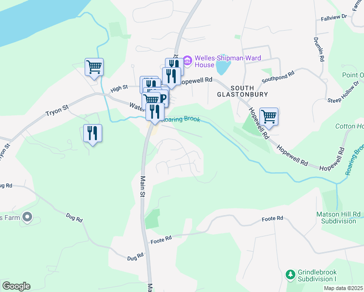 map of restaurants, bars, coffee shops, grocery stores, and more near 120 South Mill Drive in Glastonbury