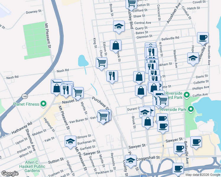 map of restaurants, bars, coffee shops, grocery stores, and more near 81 Church Street in New Bedford