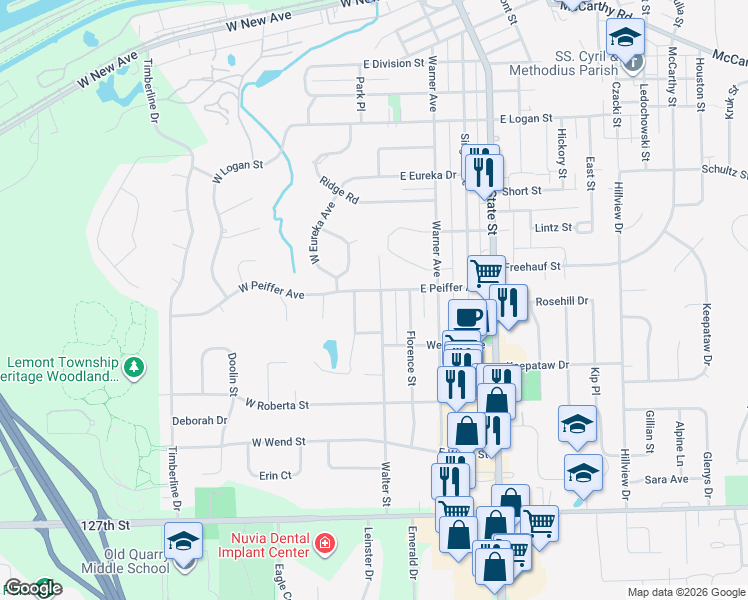 map of restaurants, bars, coffee shops, grocery stores, and more near 927 Walter Street in Lemont