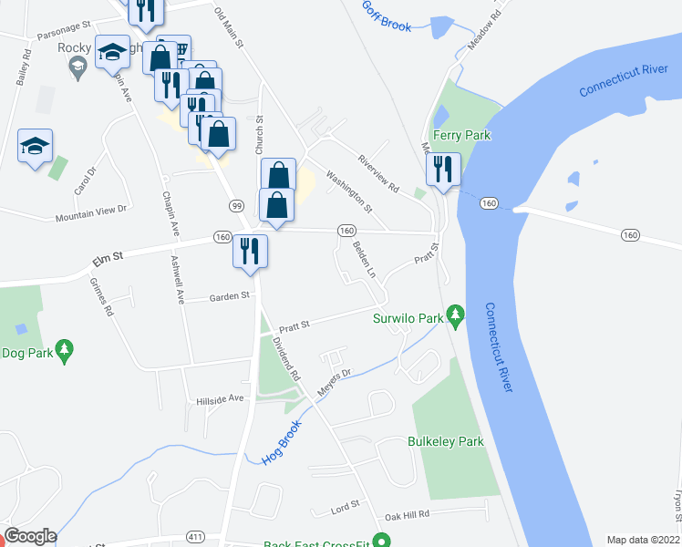 map of restaurants, bars, coffee shops, grocery stores, and more near 35 Belden Lane in Rocky Hill