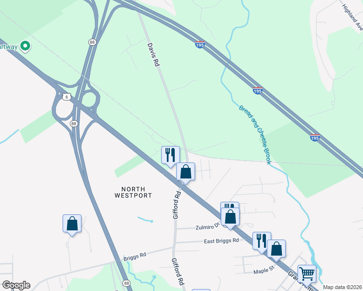 map of restaurants, bars, coffee shops, grocery stores, and more near 55 Davis Road in Westport