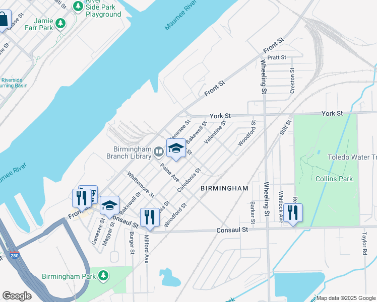 map of restaurants, bars, coffee shops, grocery stores, and more near 2301 Bakewell Street in Toledo