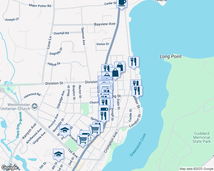 map of restaurants, bars, coffee shops, grocery stores, and more near 6 Main Street in East Greenwich