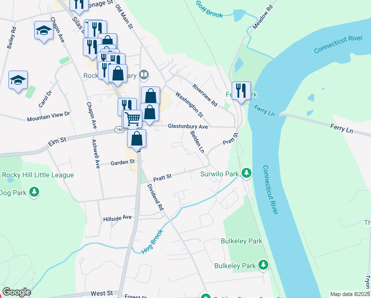map of restaurants, bars, coffee shops, grocery stores, and more near 35 Belden Lane in Rocky Hill