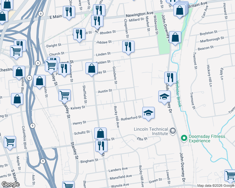 map of restaurants, bars, coffee shops, grocery stores, and more near 86 Austin Street in New Britain
