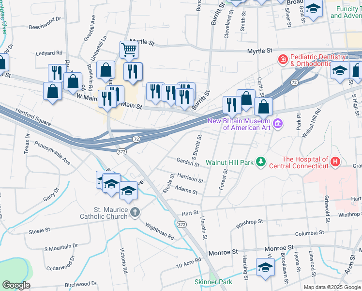 map of restaurants, bars, coffee shops, grocery stores, and more near 60 Sherwood Road in New Britain