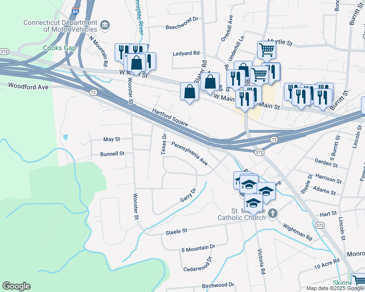 map of restaurants, bars, coffee shops, grocery stores, and more near 500 Black Rock Avenue in New Britain