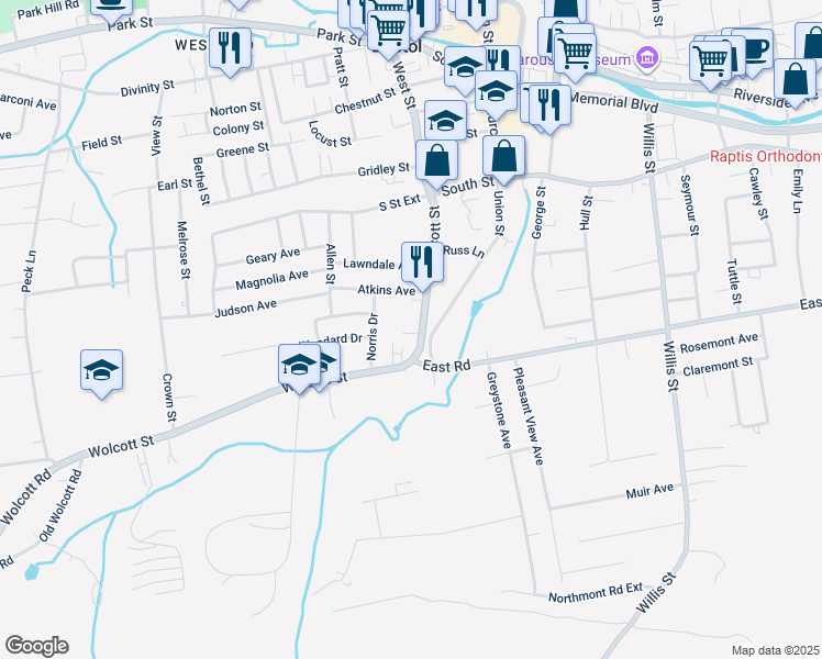 map of restaurants, bars, coffee shops, grocery stores, and more near 121 Wolcott Street in Bristol