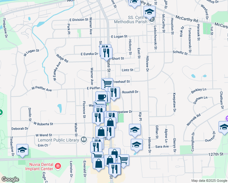 map of restaurants, bars, coffee shops, grocery stores, and more near 1001 State Street in Lemont