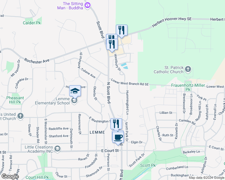 map of restaurants, bars, coffee shops, grocery stores, and more near 3607 Lower West Branch Road Southeast in Iowa City