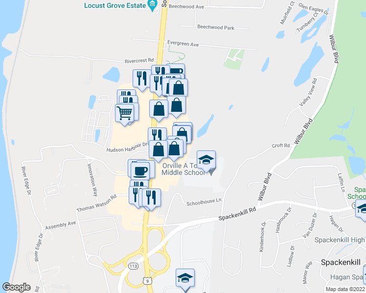 map of restaurants, bars, coffee shops, grocery stores, and more near 2540 South Road in Poughkeepsie