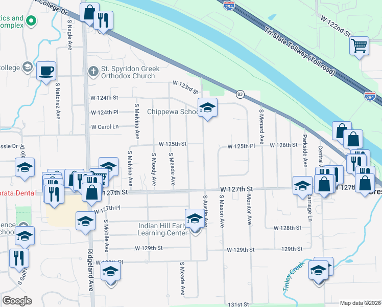 map of restaurants, bars, coffee shops, grocery stores, and more near 12513 South McVickers Avenue in Palos Heights