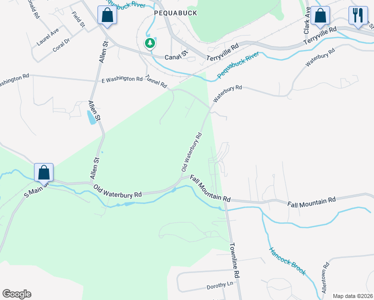 map of restaurants, bars, coffee shops, grocery stores, and more near 36 Old Waterbury Road in Plymouth