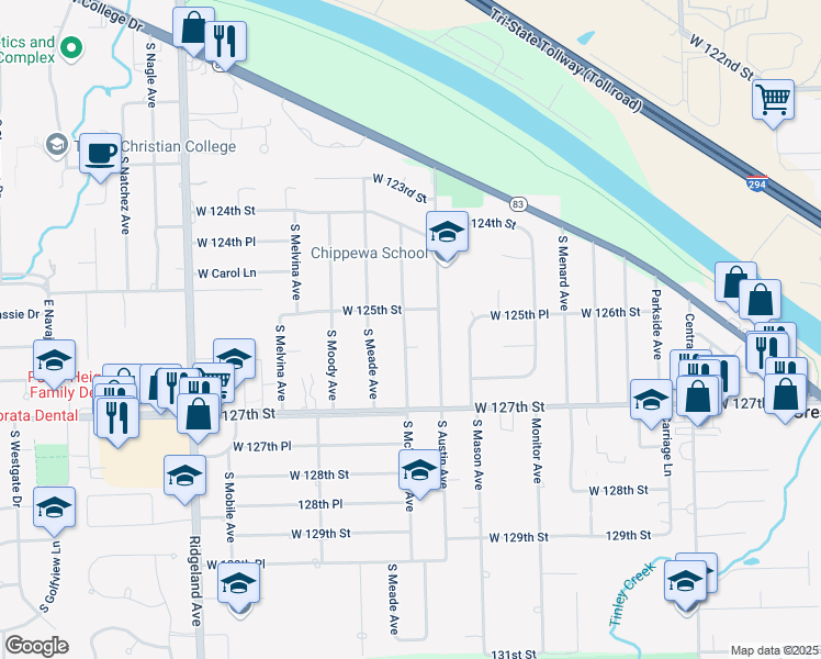map of restaurants, bars, coffee shops, grocery stores, and more near 12513 South McVickers Avenue in Palos Heights