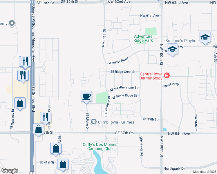map of restaurants, bars, coffee shops, grocery stores, and more near 3000 Southeast Cobblestone Drive in Grimes
