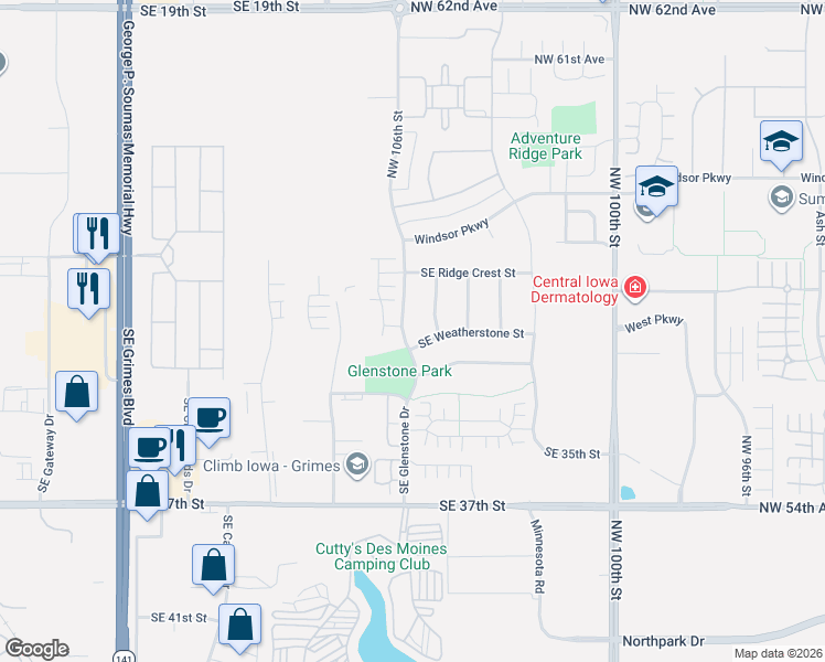 map of restaurants, bars, coffee shops, grocery stores, and more near 3000 Southeast Cobblestone Drive in Grimes