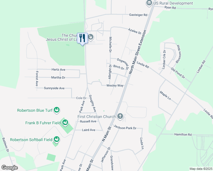 map of restaurants, bars, coffee shops, grocery stores, and more near Wesley Way in Meadville